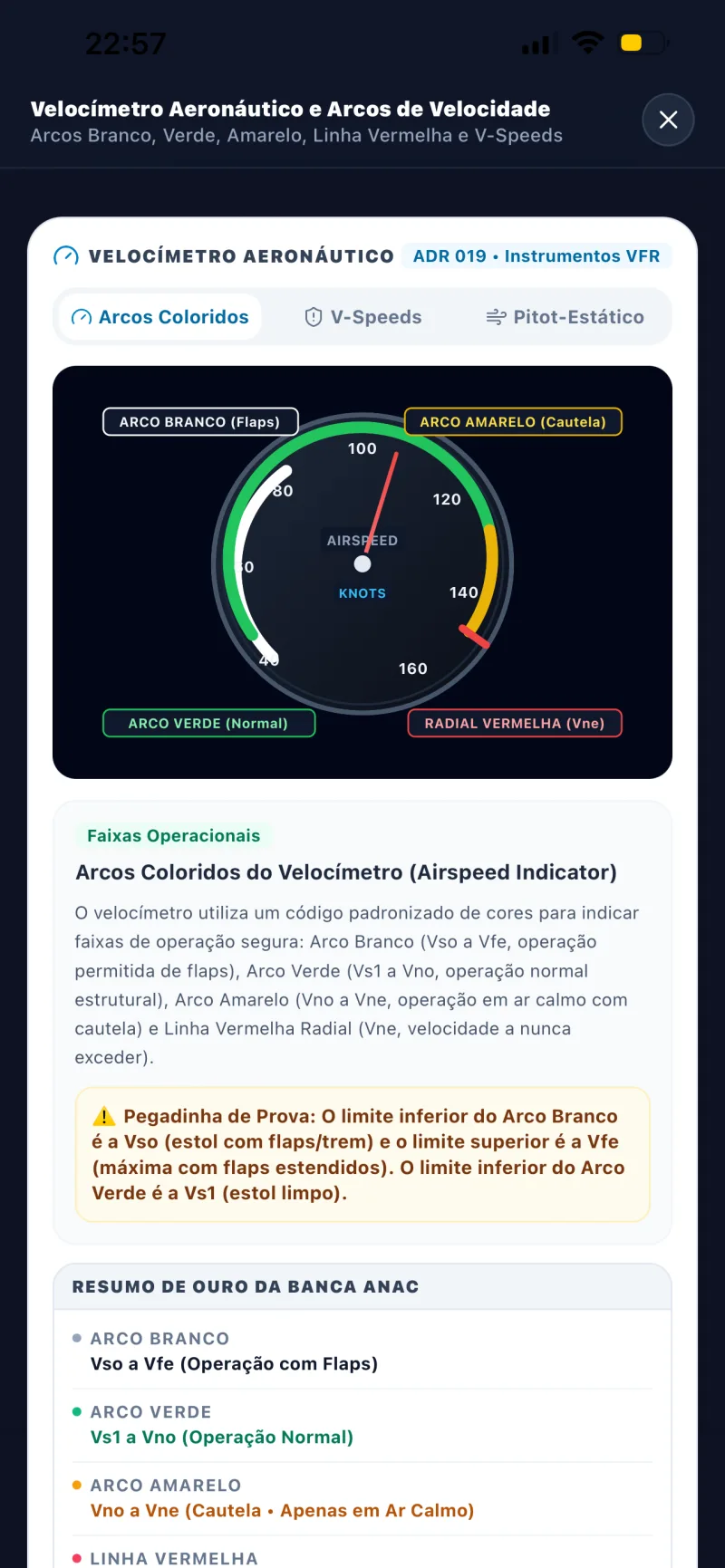 Lição interativa com velocímetro aeronáutico e arcos operacionais — Aprova AERO