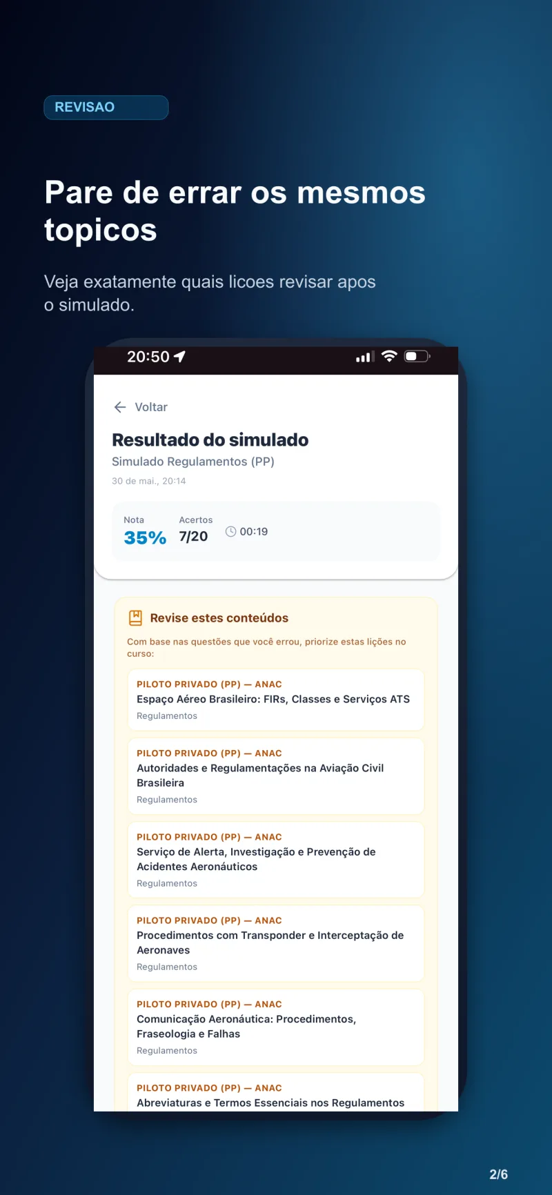 Diagnóstico de erros pós-simulado e lições recomendadas — Aprova AERO